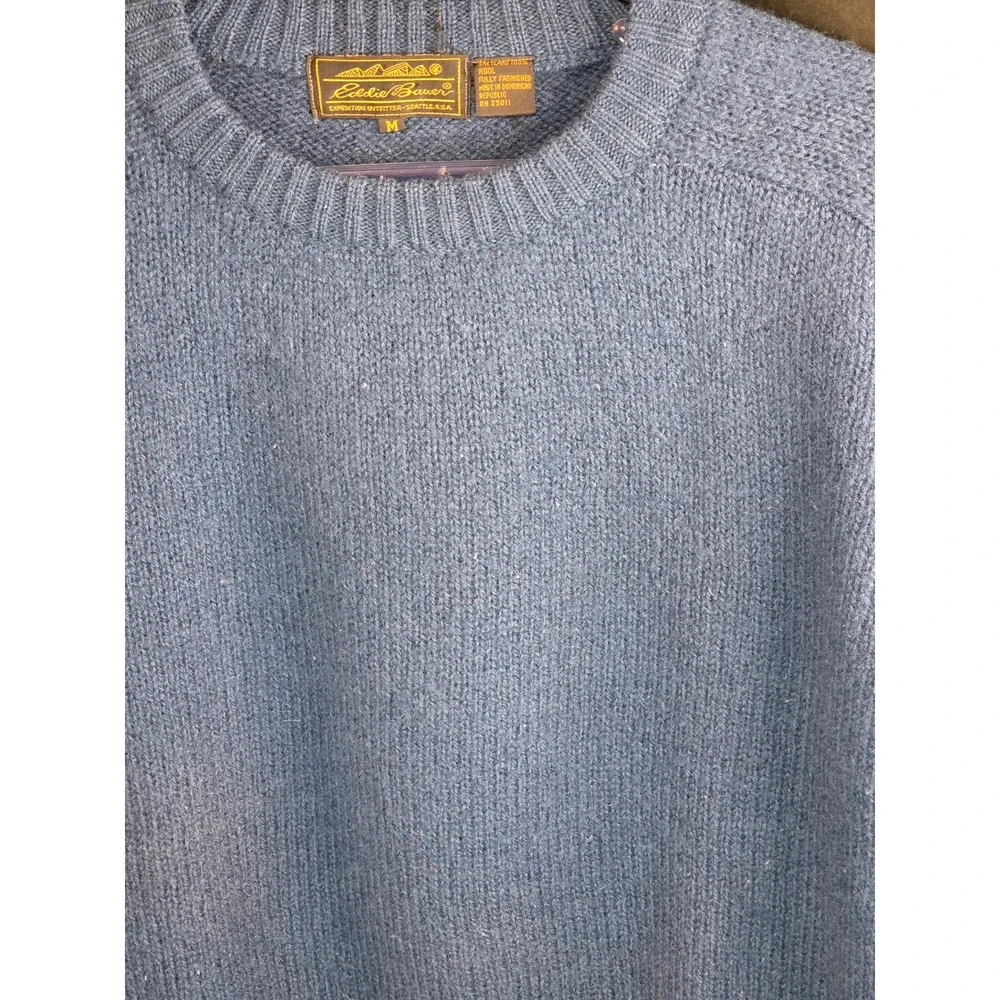 Eddie Bauer Mens Blue 100% Shetland Wool Crewneck Sweater Vintage Size M - Picture 3 of 7
